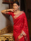 Banarasee Handwoven Semi Silk Saree With Zari Buti Design-Red