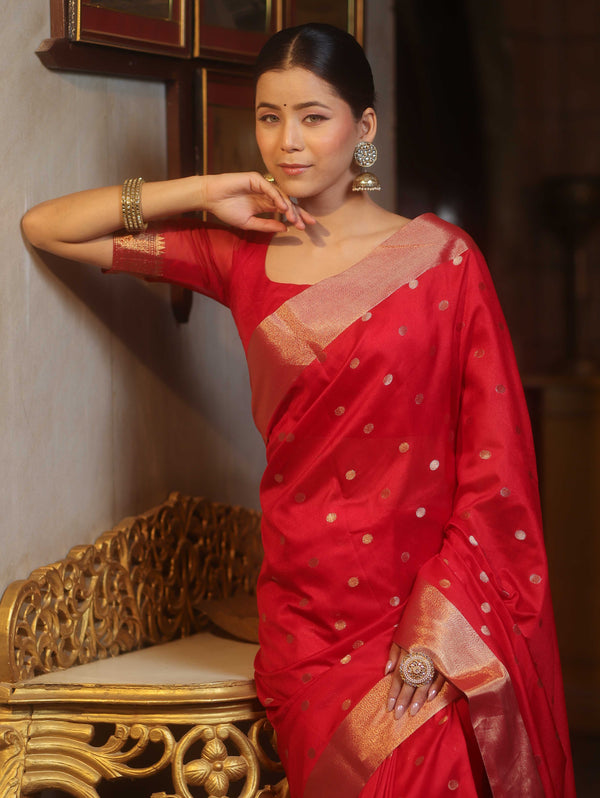 Banarasee Handwoven Semi Silk Saree With Zari Buti Design-Red