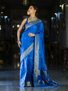 Banarasee Mashru Silk Saree With Zari Motifs & Floral Border-Blue