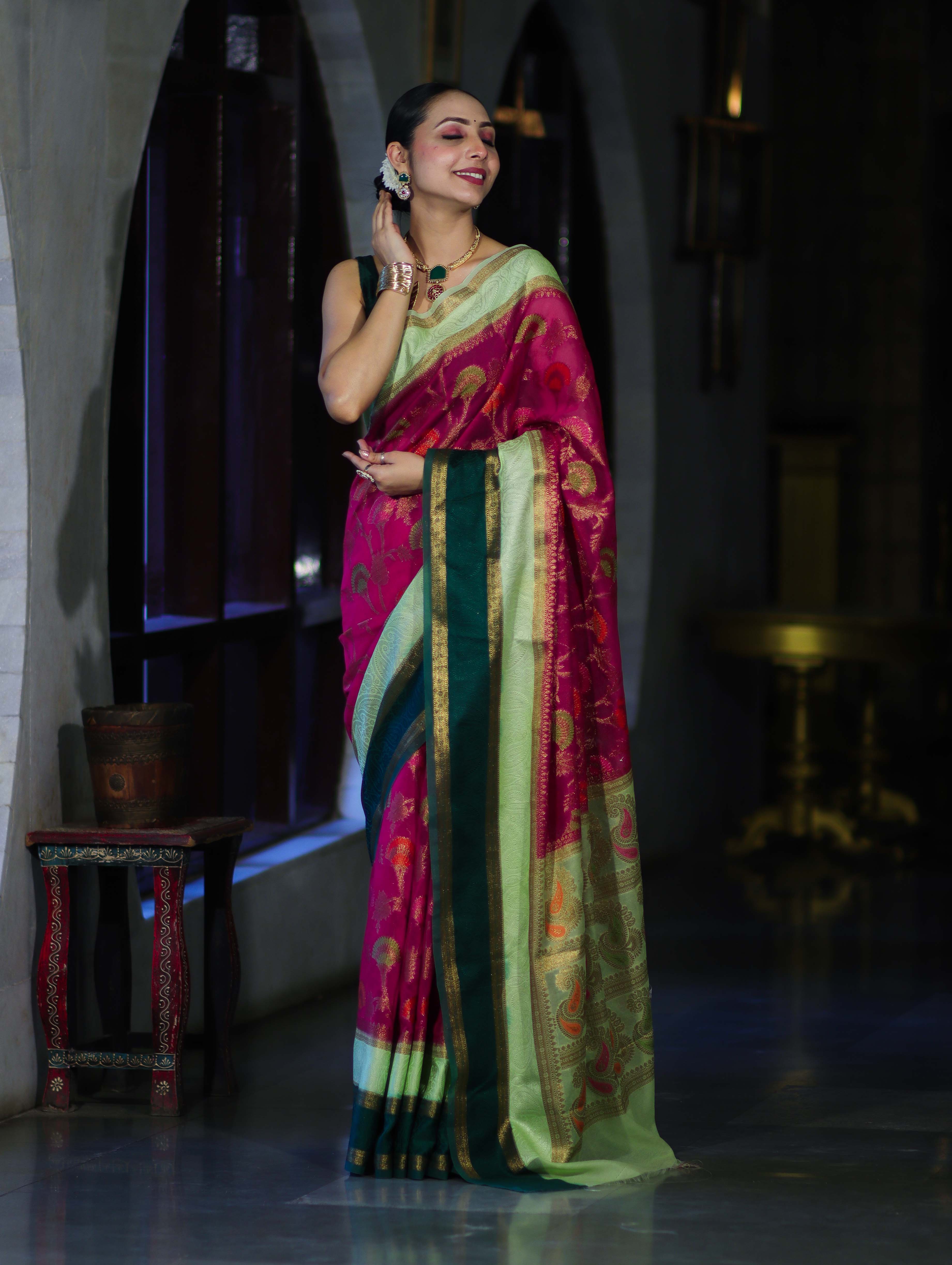 Banarasee Semi Chiffon Saree With Floral Jaal Work & Contrast Border-Pink & Green
