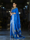 Banarasee Mashru Silk Saree With Zari Motifs & Floral Border-Blue