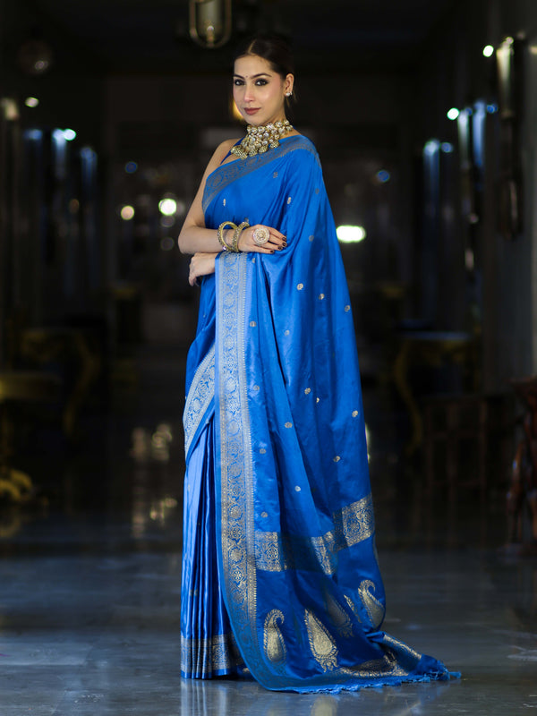 Banarasee Mashru Silk Saree With Zari Motifs & Floral Border-Blue
