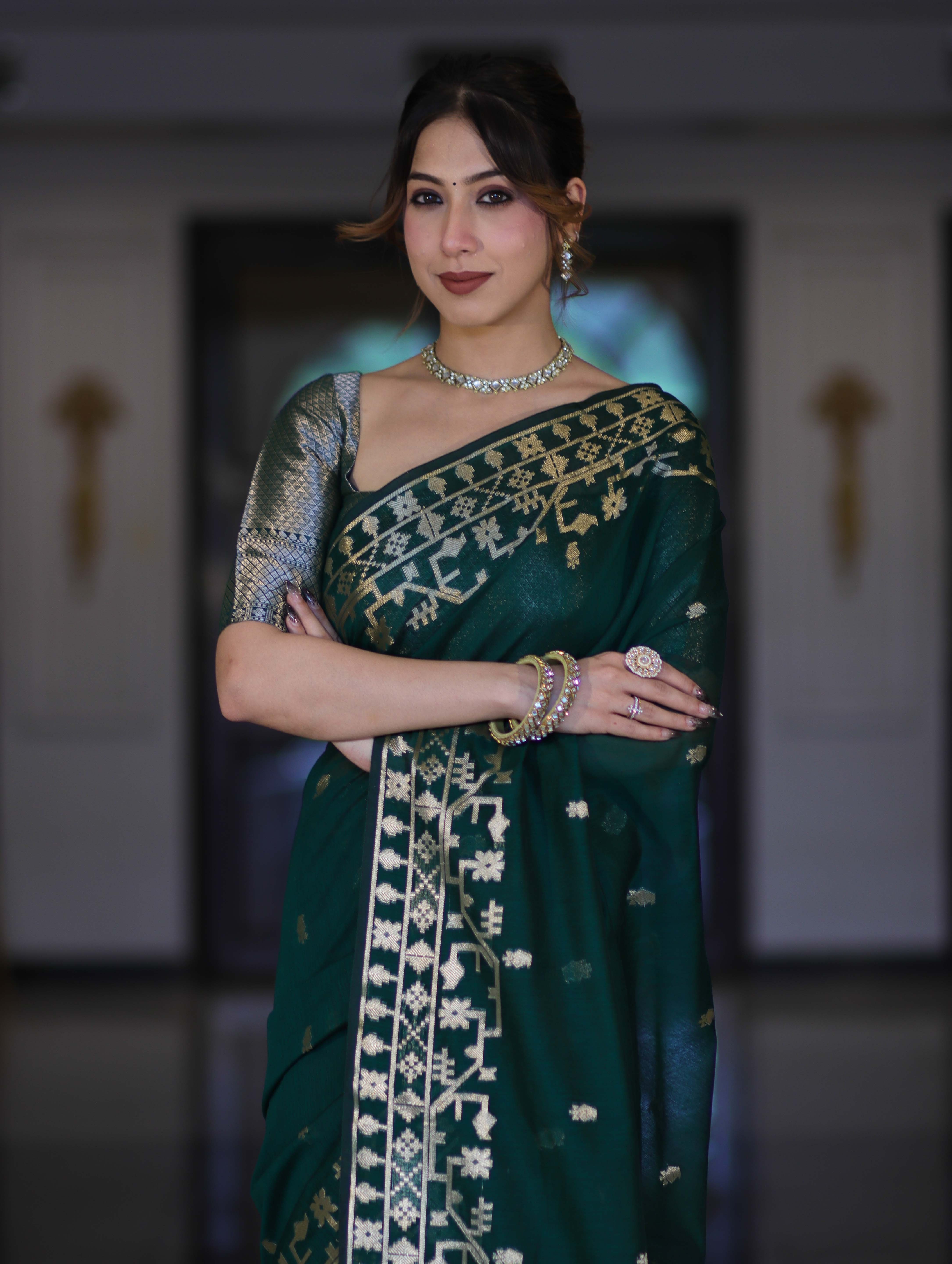 Banarasee Handloom Cotton Silk Saree With Zari Buti Design & Geometric Border-Deep Green