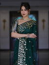 Banarasee Handloom Cotton Silk Saree With Zari Buti Design & Geometric Border-Deep Green