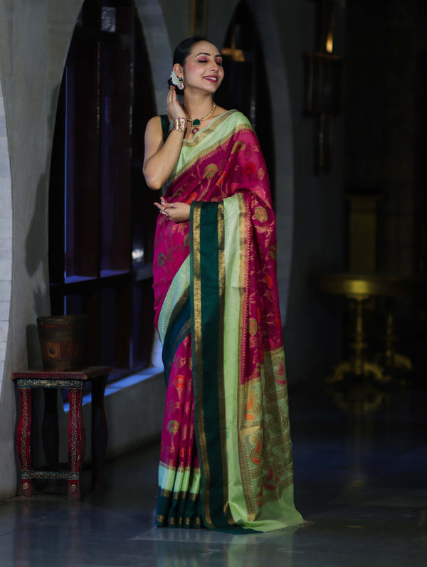 Banarasee Semi Chiffon Saree With Floral Jaal Work & Contrast Border-Pink & Green