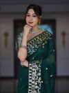Banarasee Handloom Cotton Silk Saree With Zari Buti Design & Geometric Border-Deep Green