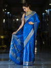 Banarasee Mashru Silk Saree With Zari Motifs & Floral Border-Blue