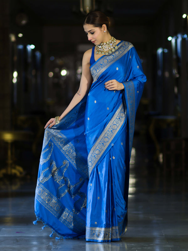 Banarasee Mashru Silk Saree With Zari Motifs & Floral Border-Blue