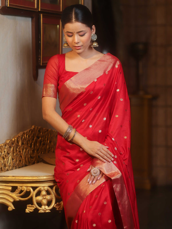 Banarasee Handwoven Semi Silk Saree With Zari Buti Design-Red