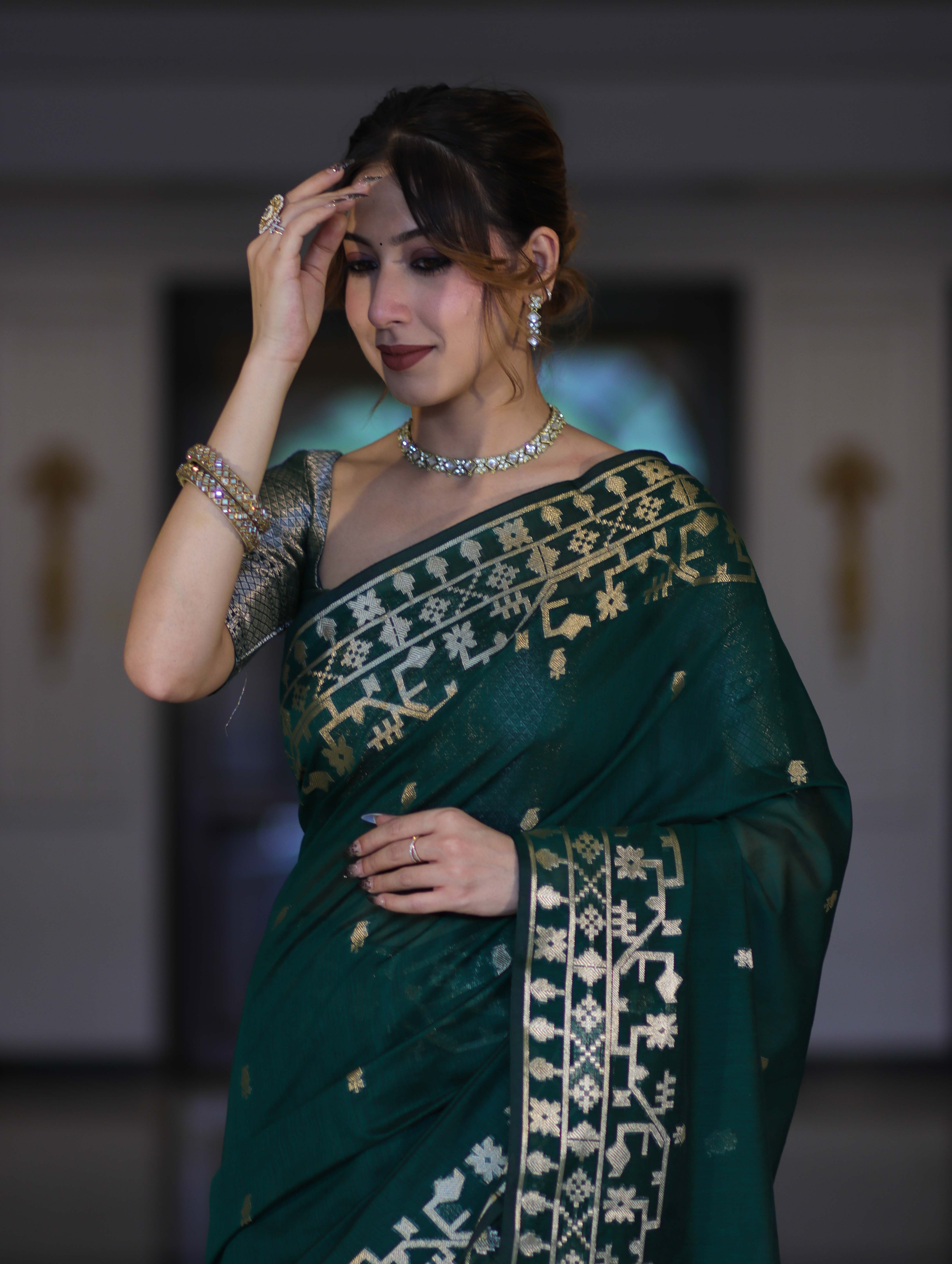 Banarasee Handloom Cotton Silk Saree With Zari Buti Design & Geometric Border-Deep Green