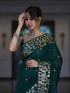 Banarasee Handloom Cotton Silk Saree With Zari Buti Design & Geometric Border-Deep Green
