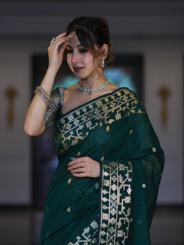 Banarasee Handloom Cotton Silk Saree With Zari Buti Design & Geometric Border-Deep Green