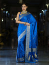 Banarasee Mashru Silk Saree With Zari Motifs & Floral Border-Blue