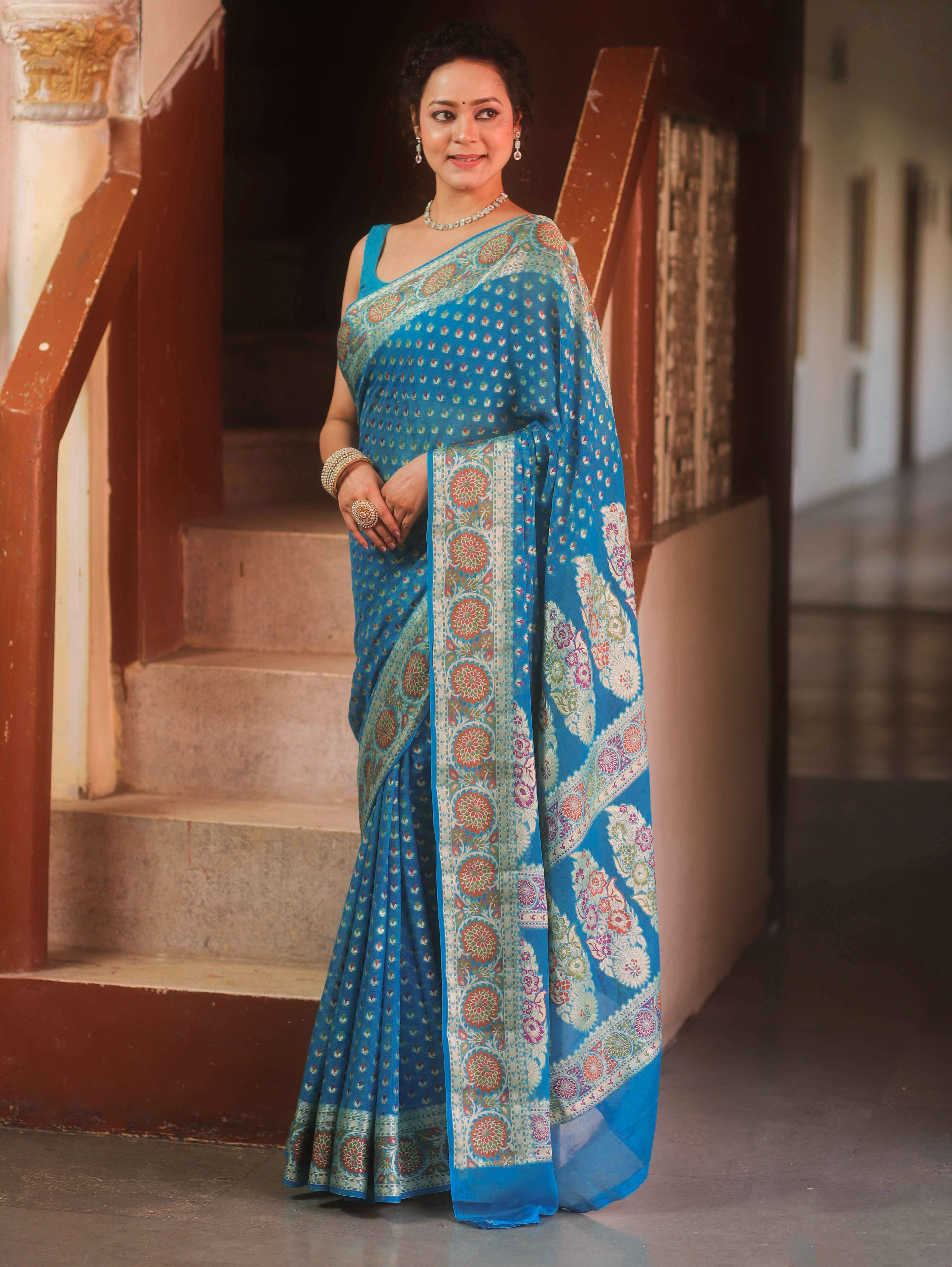 Banarasee Pure Chiffon Saree With Resham Buti & Border-Light Blue