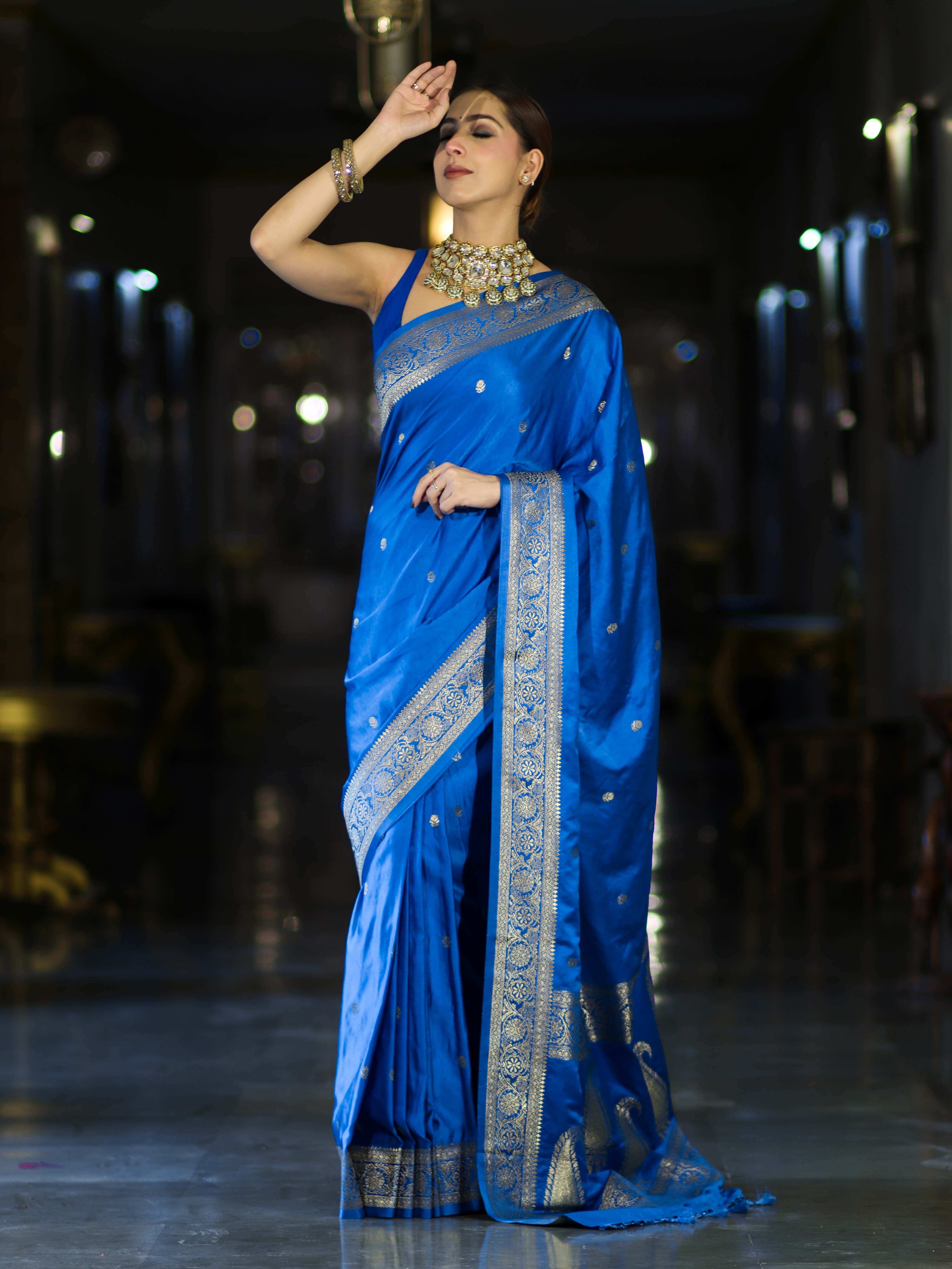 Banarasee Mashru Silk Saree With Zari Motifs & Floral Border-Blue