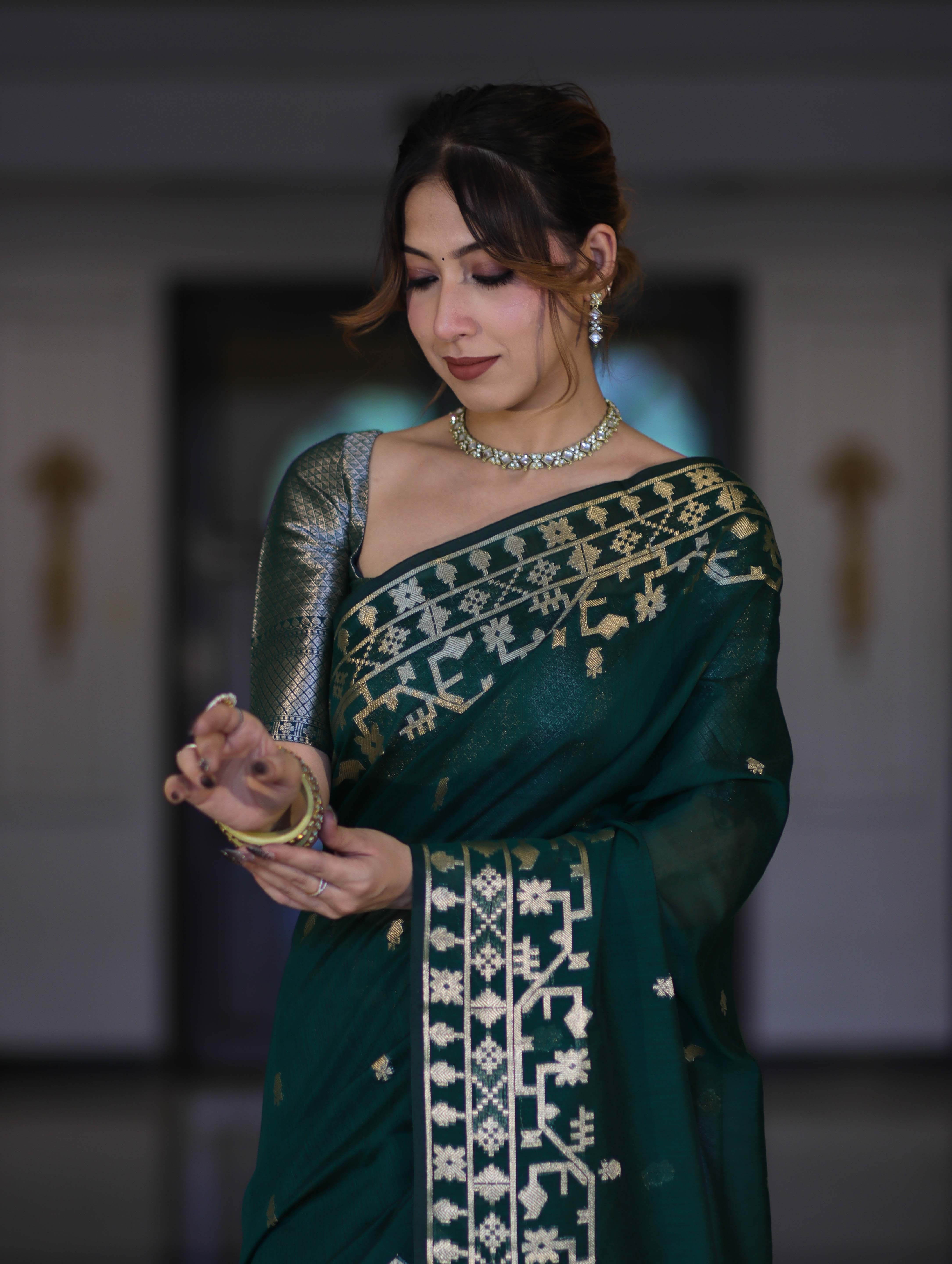 Banarasee Handloom Cotton Silk Saree With Zari Buti Design & Geometric Border-Deep Green