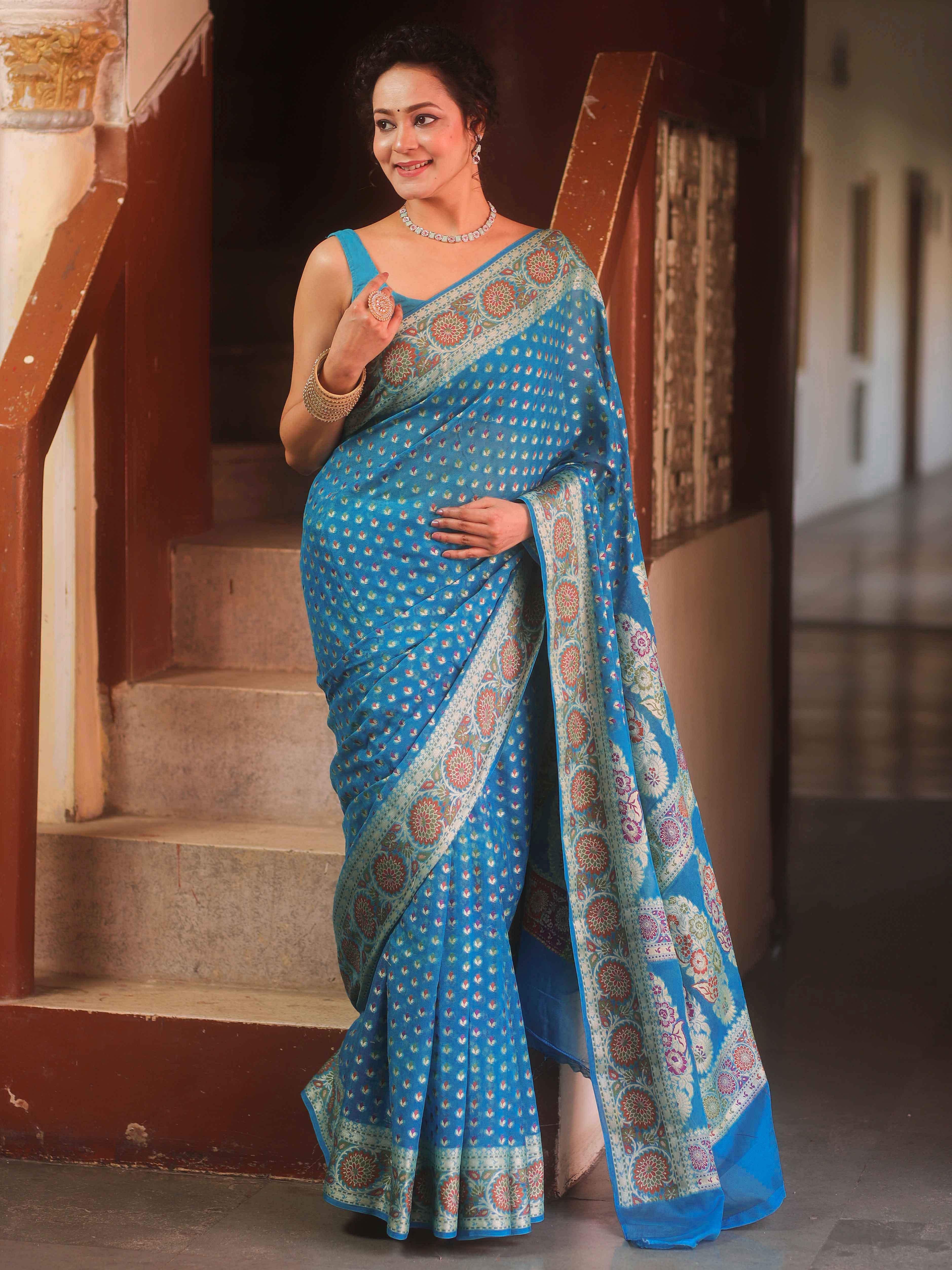 Banarasee Pure Chiffon Saree With Resham Buti & Border-Light Blue