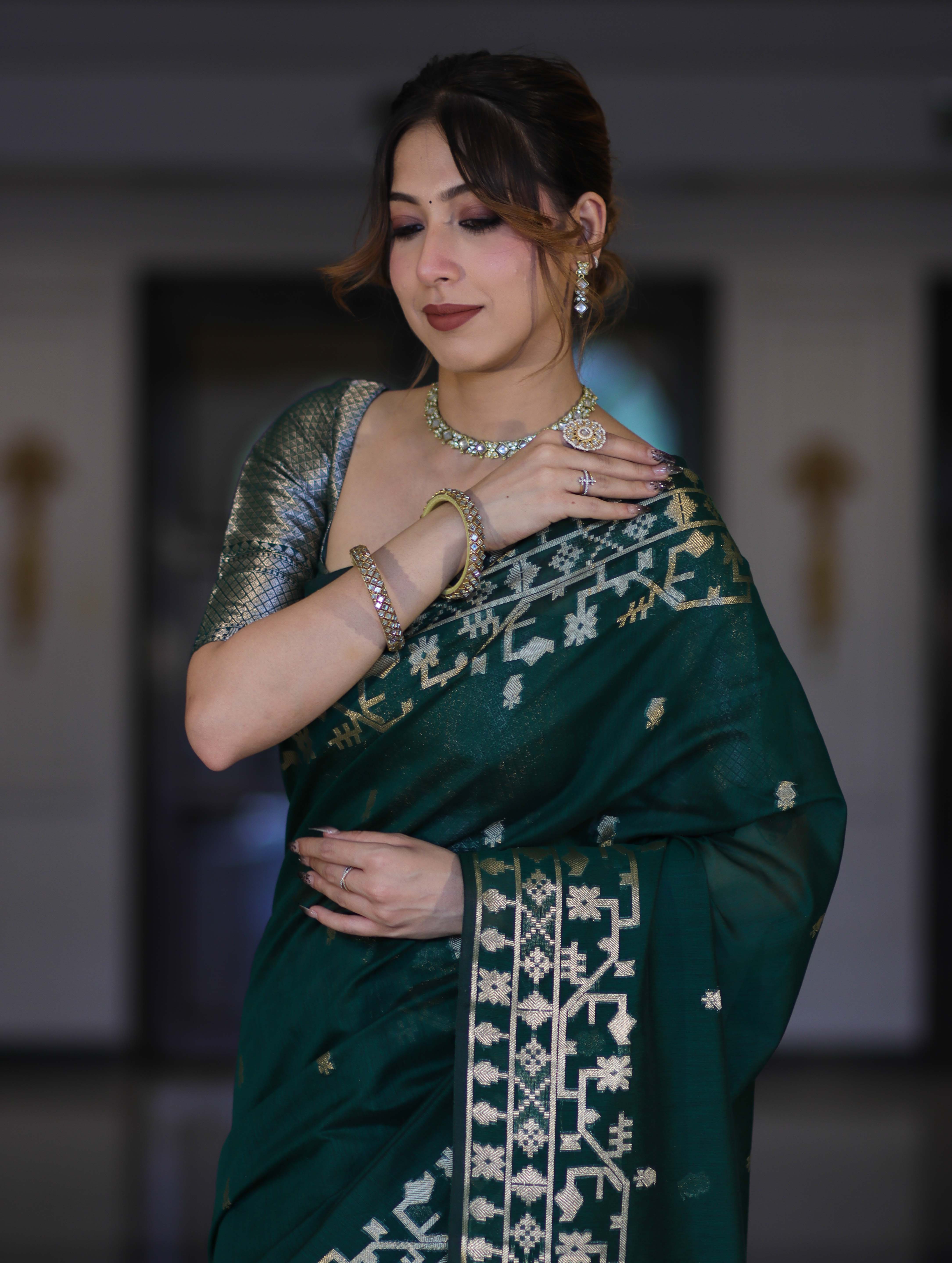 Banarasee Handloom Cotton Silk Saree With Zari Buti Design & Geometric Border-Deep Green