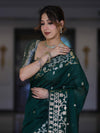 Banarasee Handloom Cotton Silk Saree With Zari Buti Design & Geometric Border-Deep Green