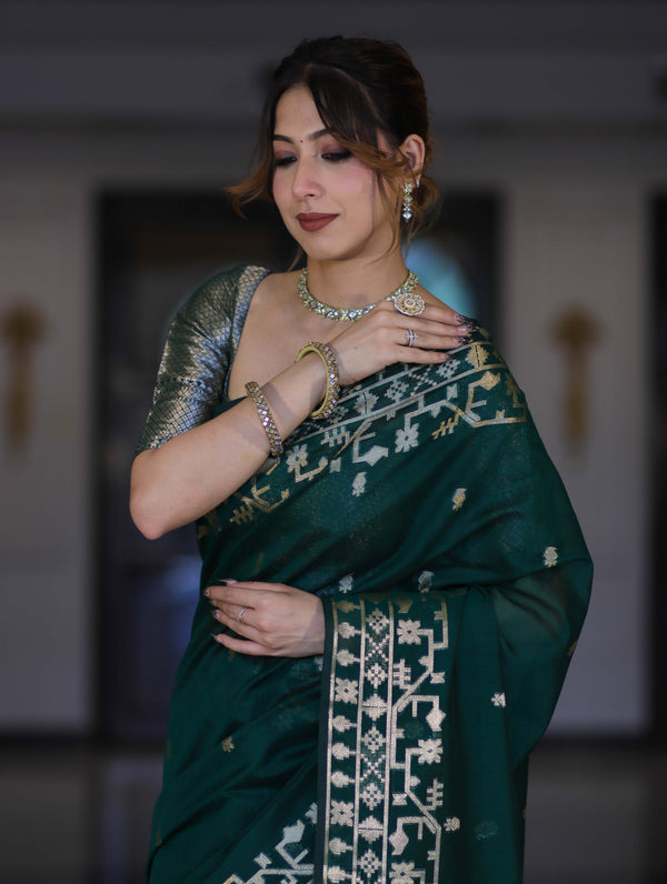 Banarasee Handloom Cotton Silk Saree With Zari Buti Design & Geometric Border-Deep Green