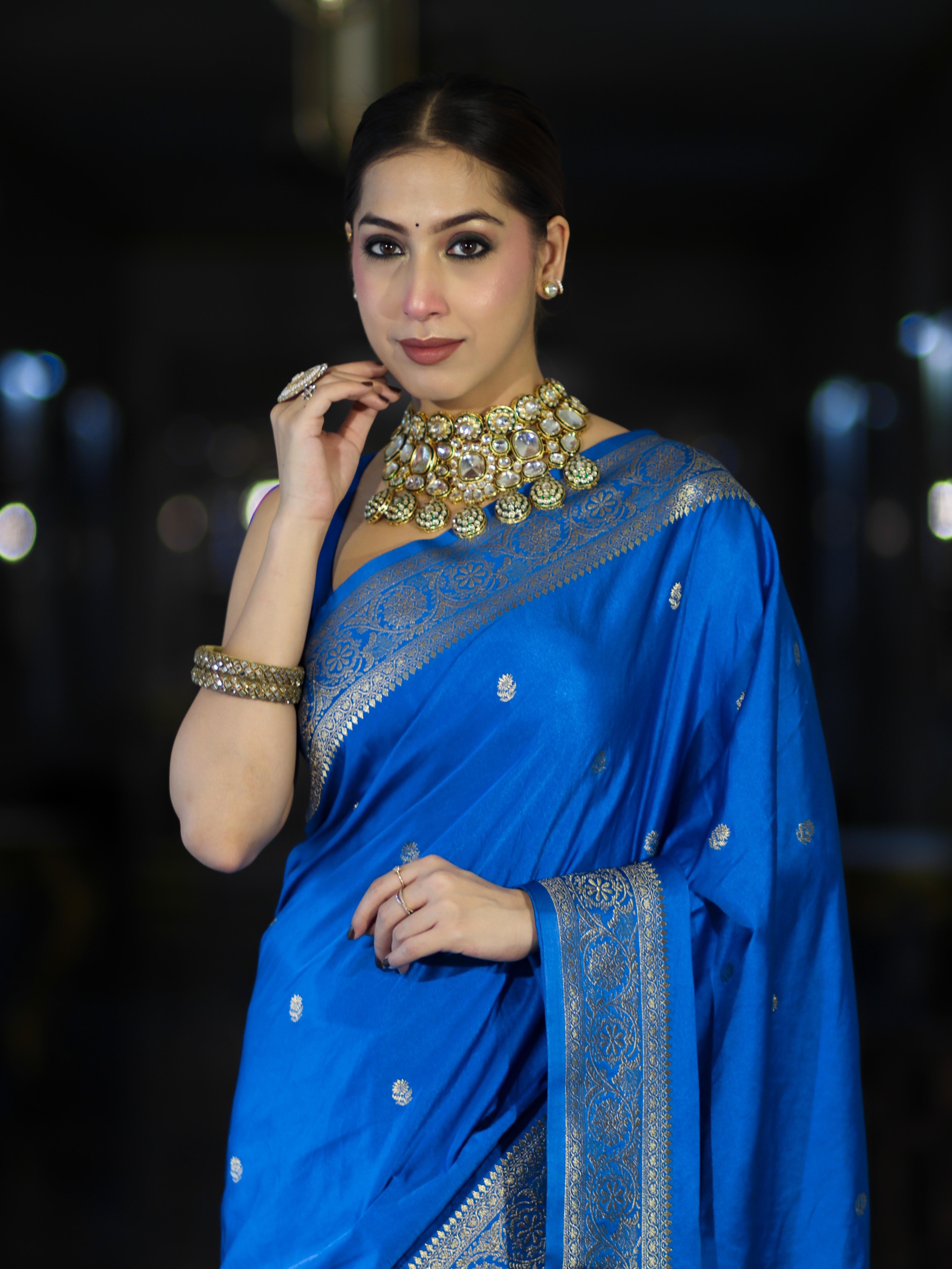 Banarasee Mashru Silk Saree With Zari Motifs & Floral Border-Blue