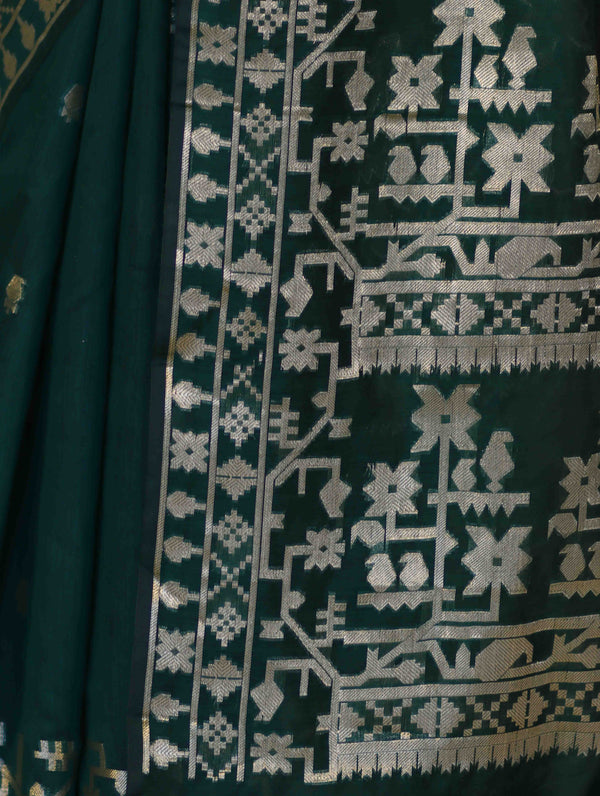 Banarasee Handloom Cotton Silk Saree With Zari Buti Design & Geometric Border-Deep Green