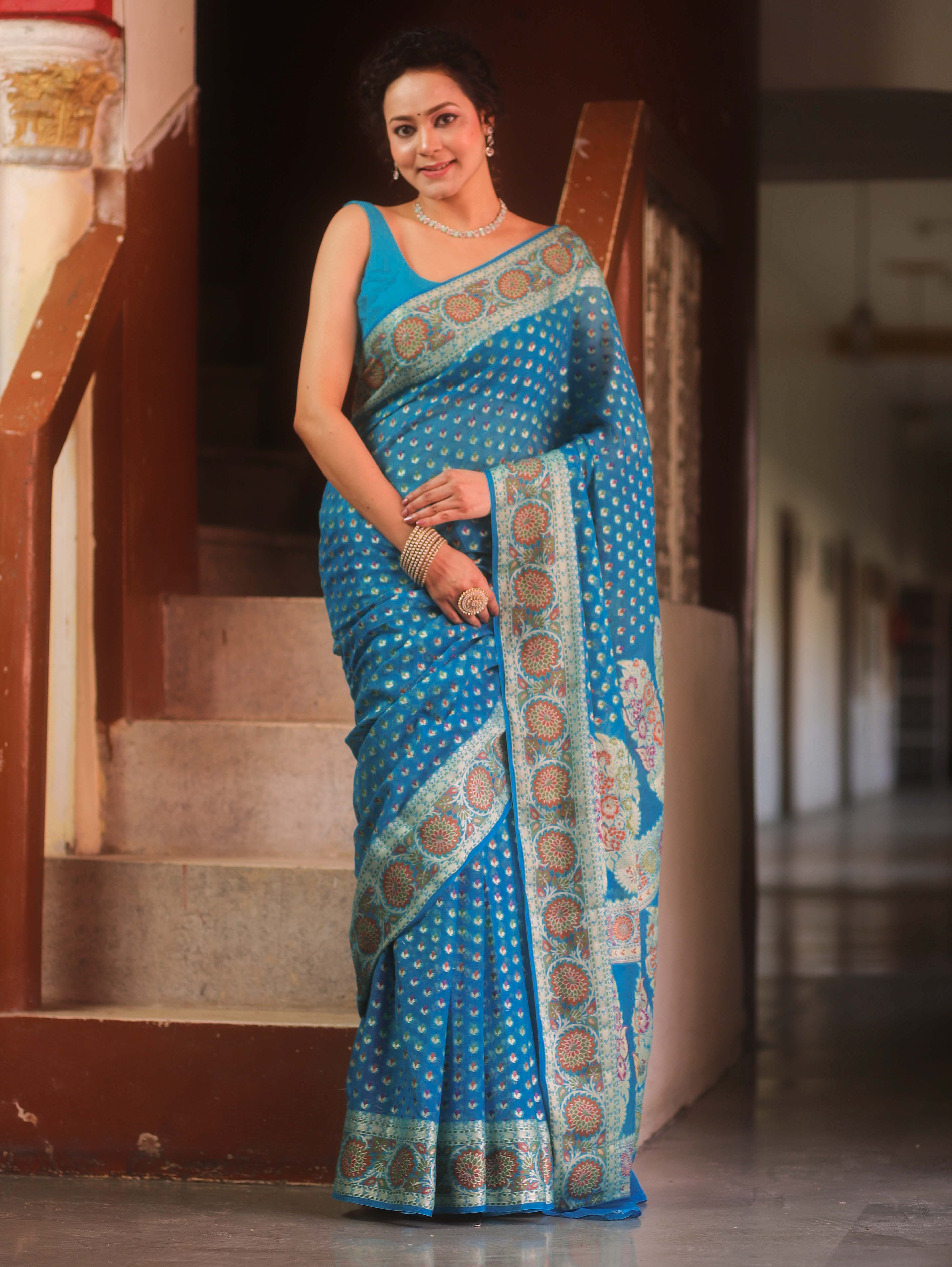 Banarasee Pure Chiffon Saree With Resham Buti & Border-Light Blue