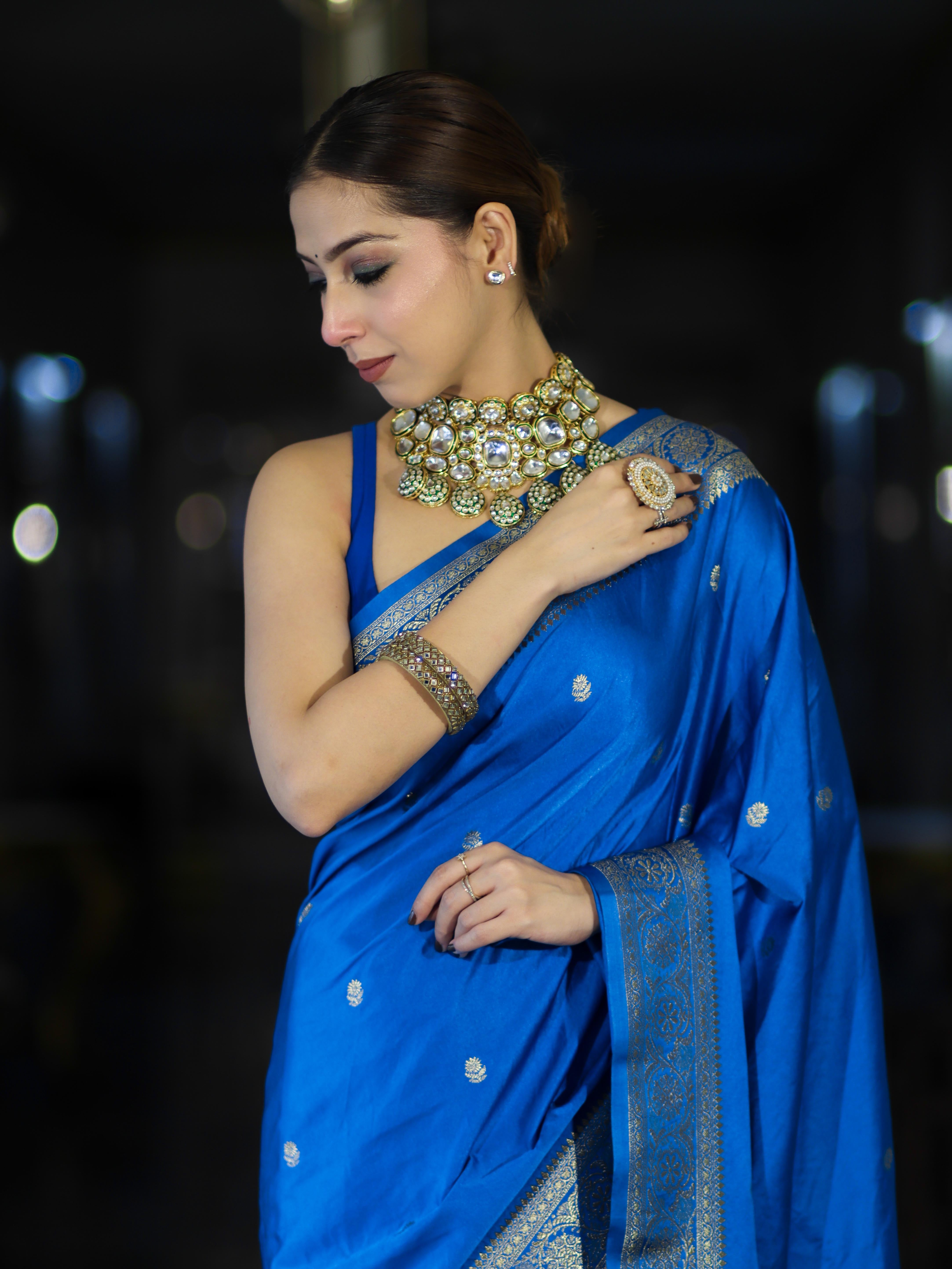 Banarasee Mashru Silk Saree With Zari Motifs & Floral Border-Blue