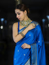 Banarasee Mashru Silk Saree With Zari Motifs & Floral Border-Blue