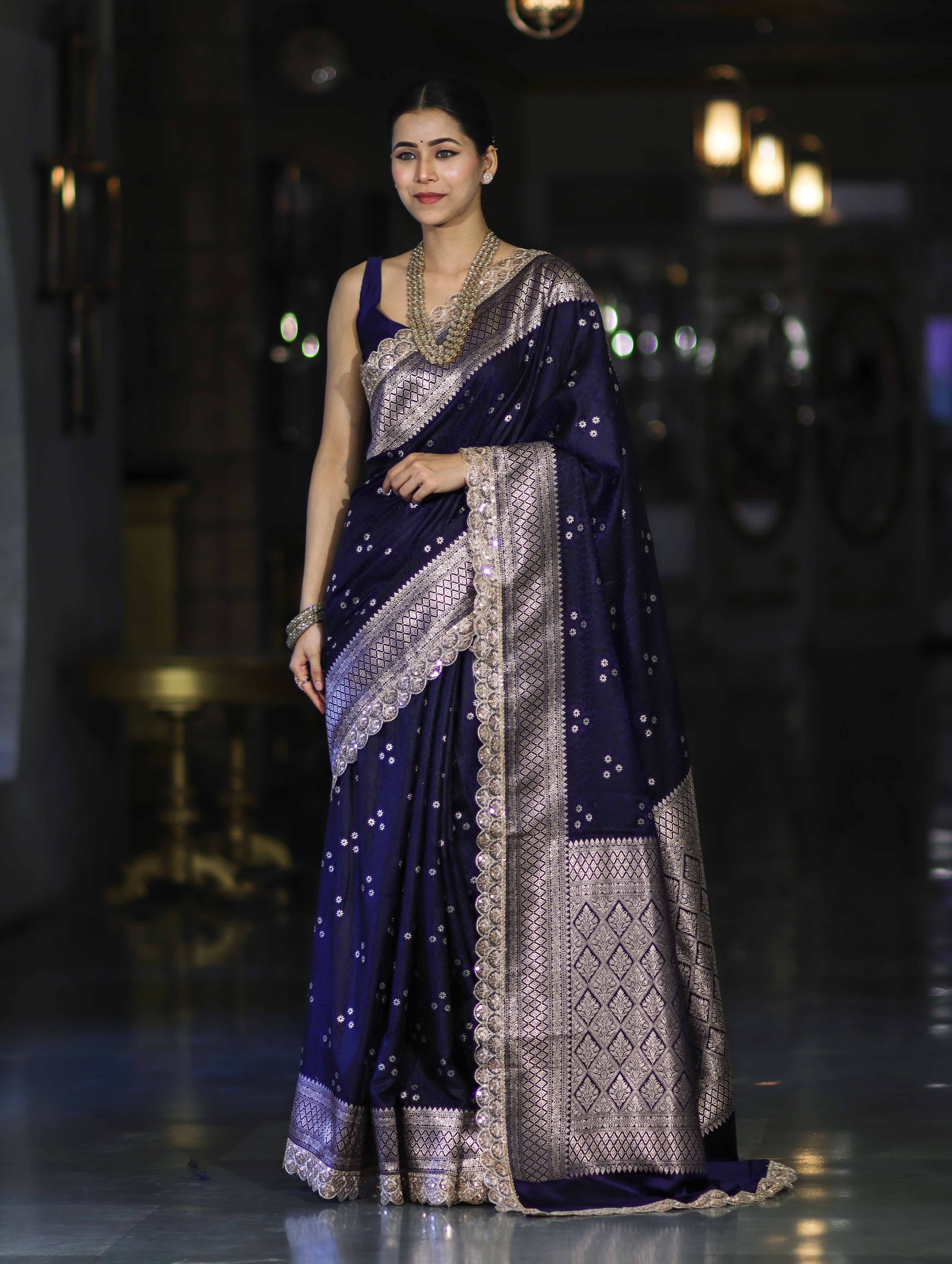 Banarasee Handloom Mashru Silk Saree With Tanchoi Work & Lace Border-Deep Blue