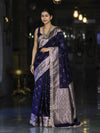 Banarasee Handloom Mashru Silk Saree With Tanchoi Work & Lace Border-Deep Blue