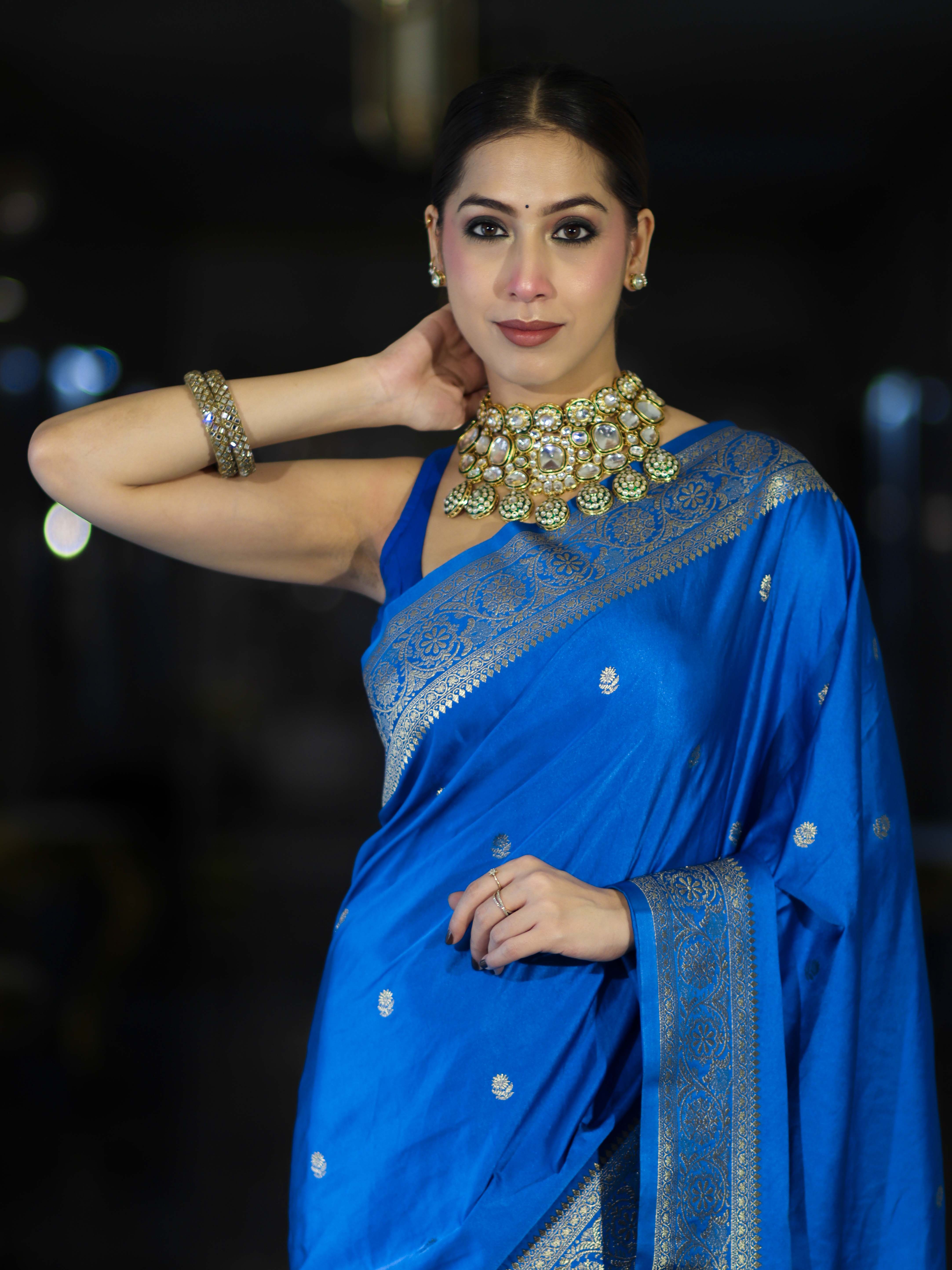 Banarasee Mashru Silk Saree With Zari Motifs & Floral Border-Blue