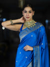 Banarasee Mashru Silk Saree With Zari Motifs & Floral Border-Blue