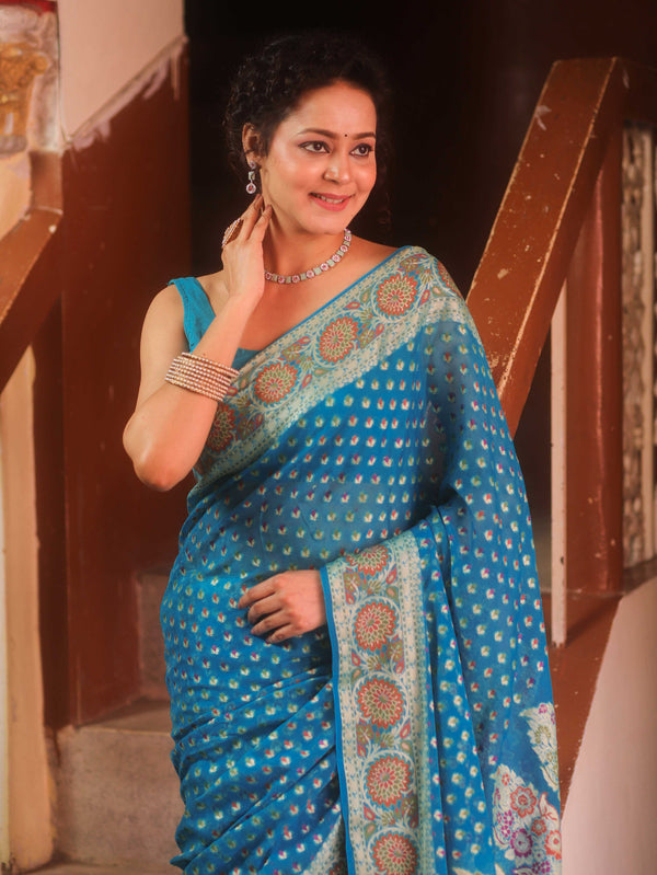 Banarasee Pure Chiffon Saree With Resham Buti & Border-Light Blue