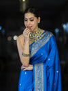 Banarasee Mashru Silk Saree With Zari Motifs & Floral Border-Blue