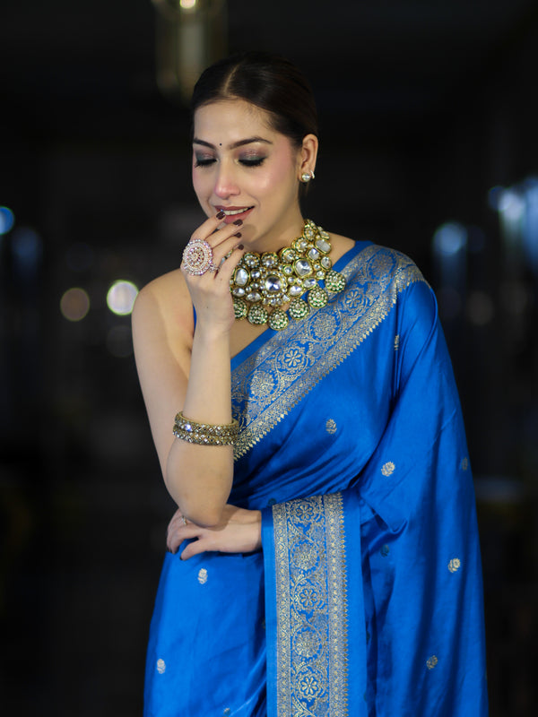 Banarasee Mashru Silk Saree With Zari Motifs & Floral Border-Blue