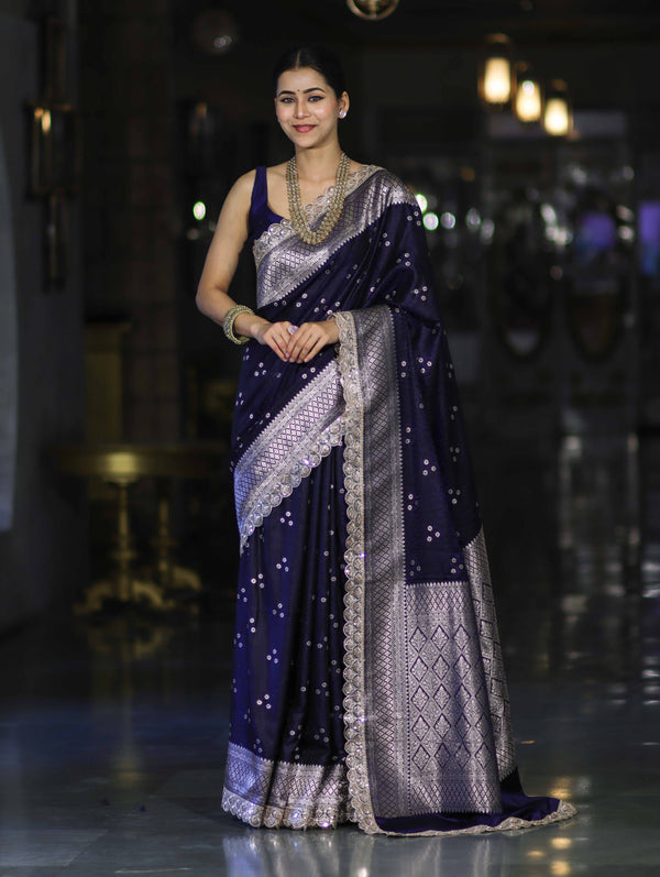 Banarasee Handloom Mashru Silk Saree With Tanchoi Work & Lace Border-Deep Blue
