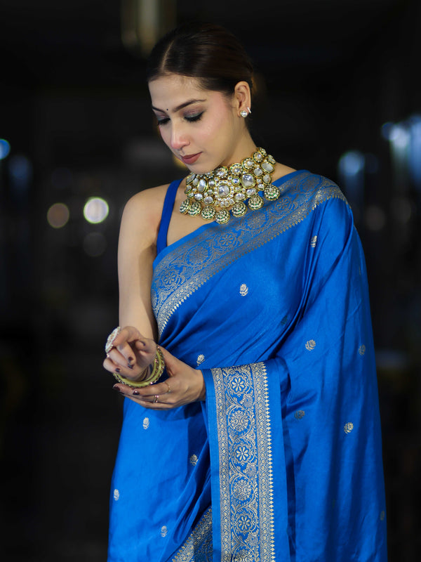 Banarasee Mashru Silk Saree With Zari Motifs & Floral Border-Blue