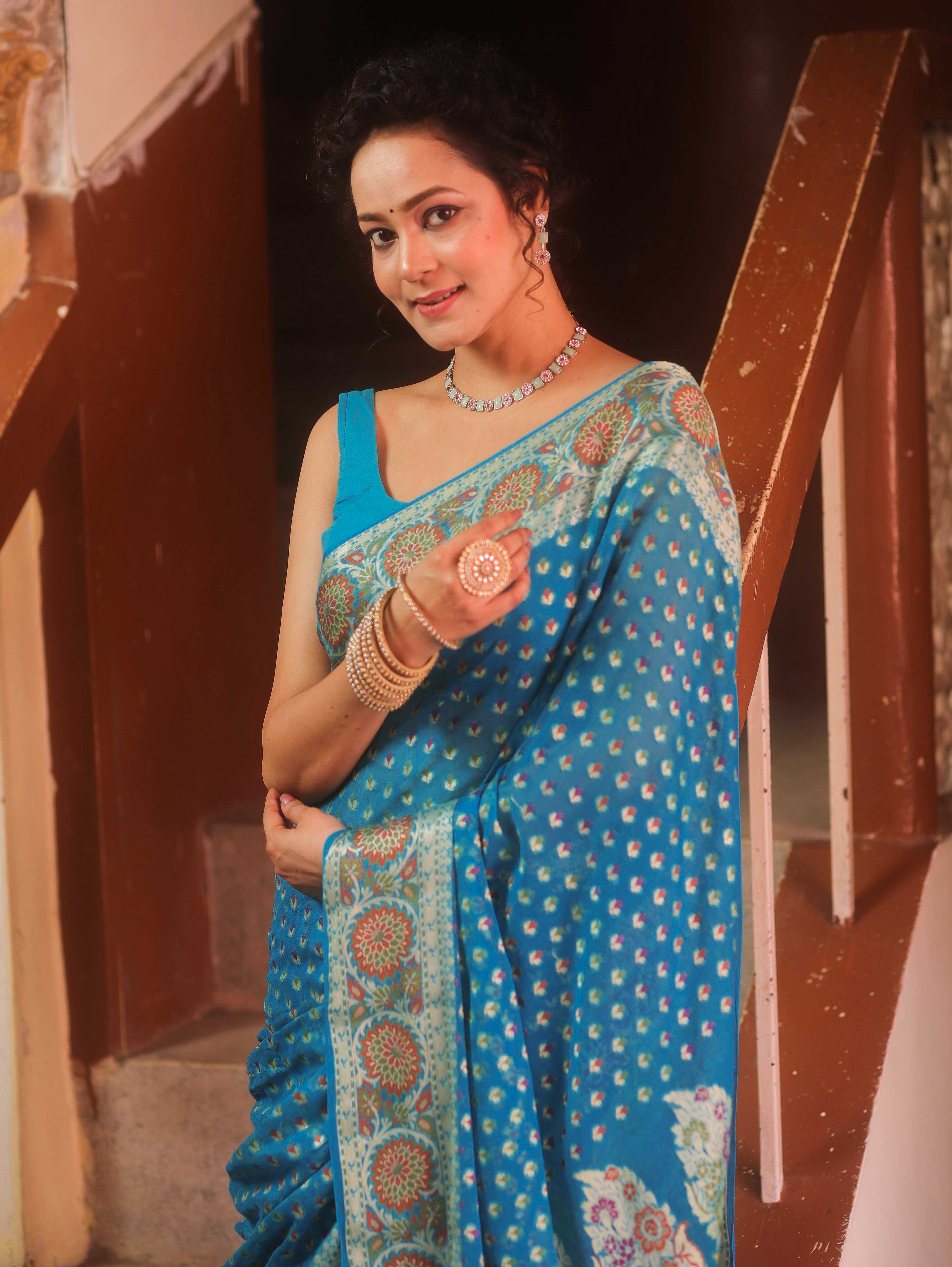 Banarasee Pure Chiffon Saree With Resham Buti & Border-Light Blue