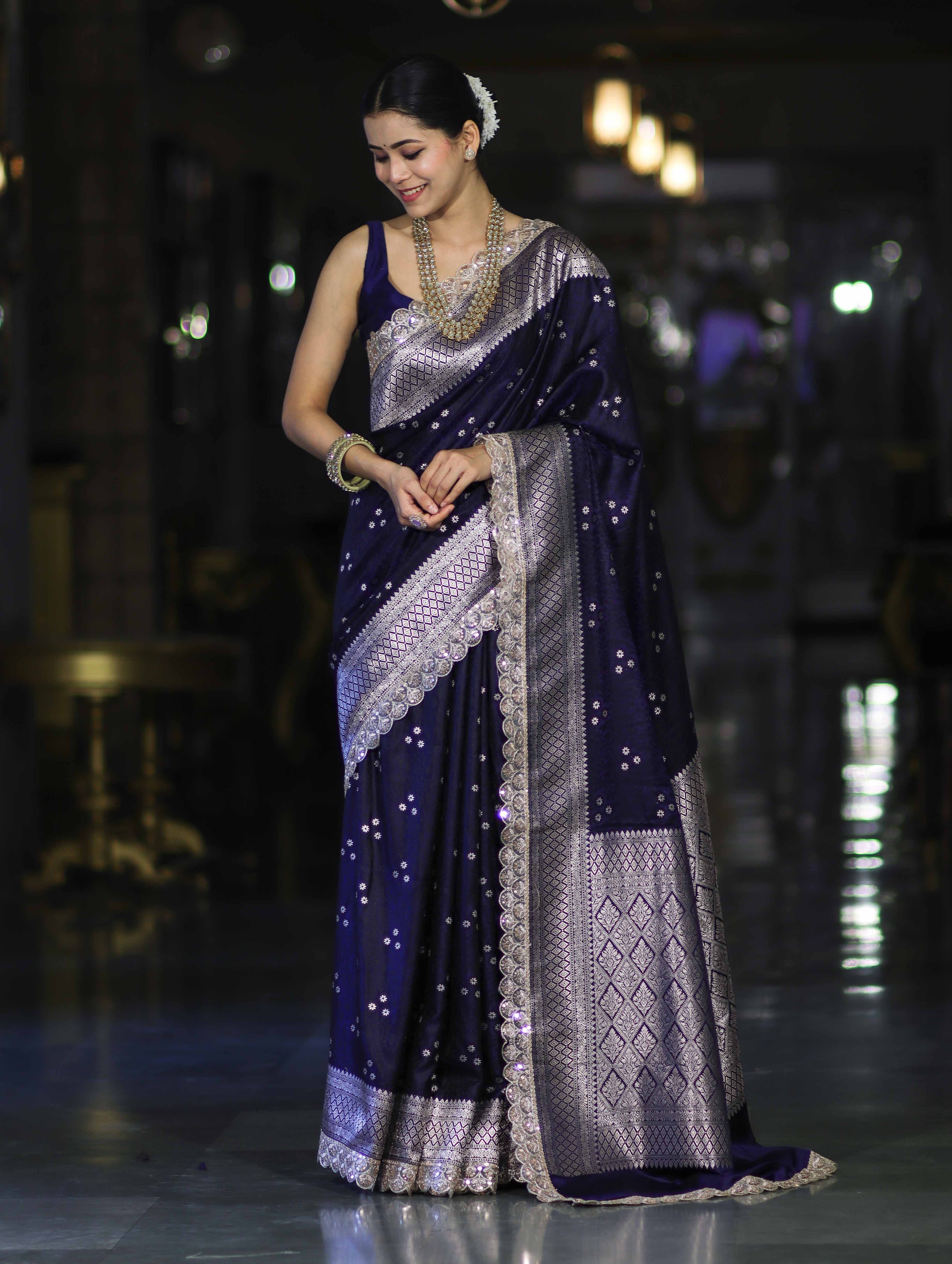 Banarasee Handloom Mashru Silk Saree With Tanchoi Work & Lace Border-Deep Blue