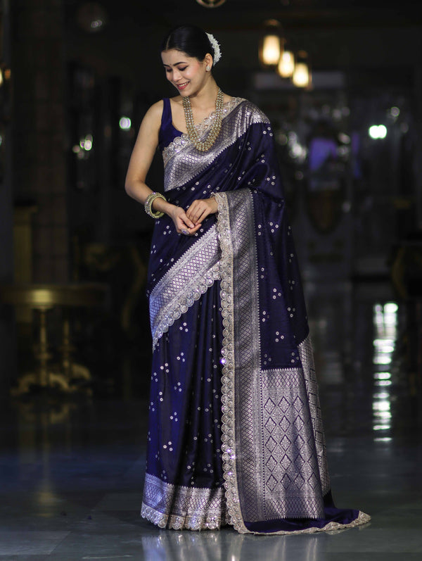 Banarasee Handloom Mashru Silk Saree With Tanchoi Work & Lace Border-Deep Blue