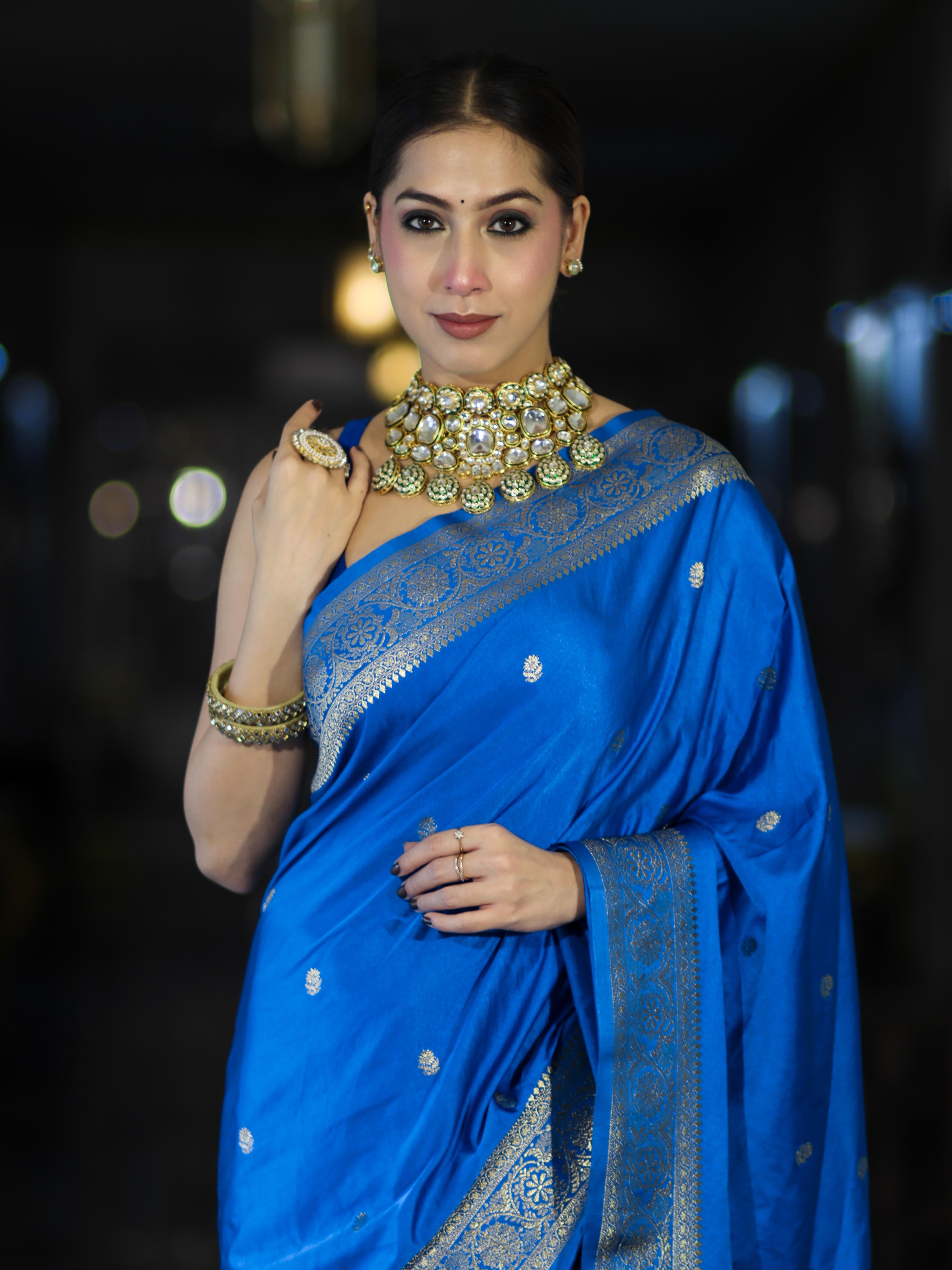 Banarasee Mashru Silk Saree With Zari Motifs & Floral Border-Blue