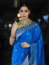 Banarasee Mashru Silk Saree With Zari Motifs & Floral Border-Blue
