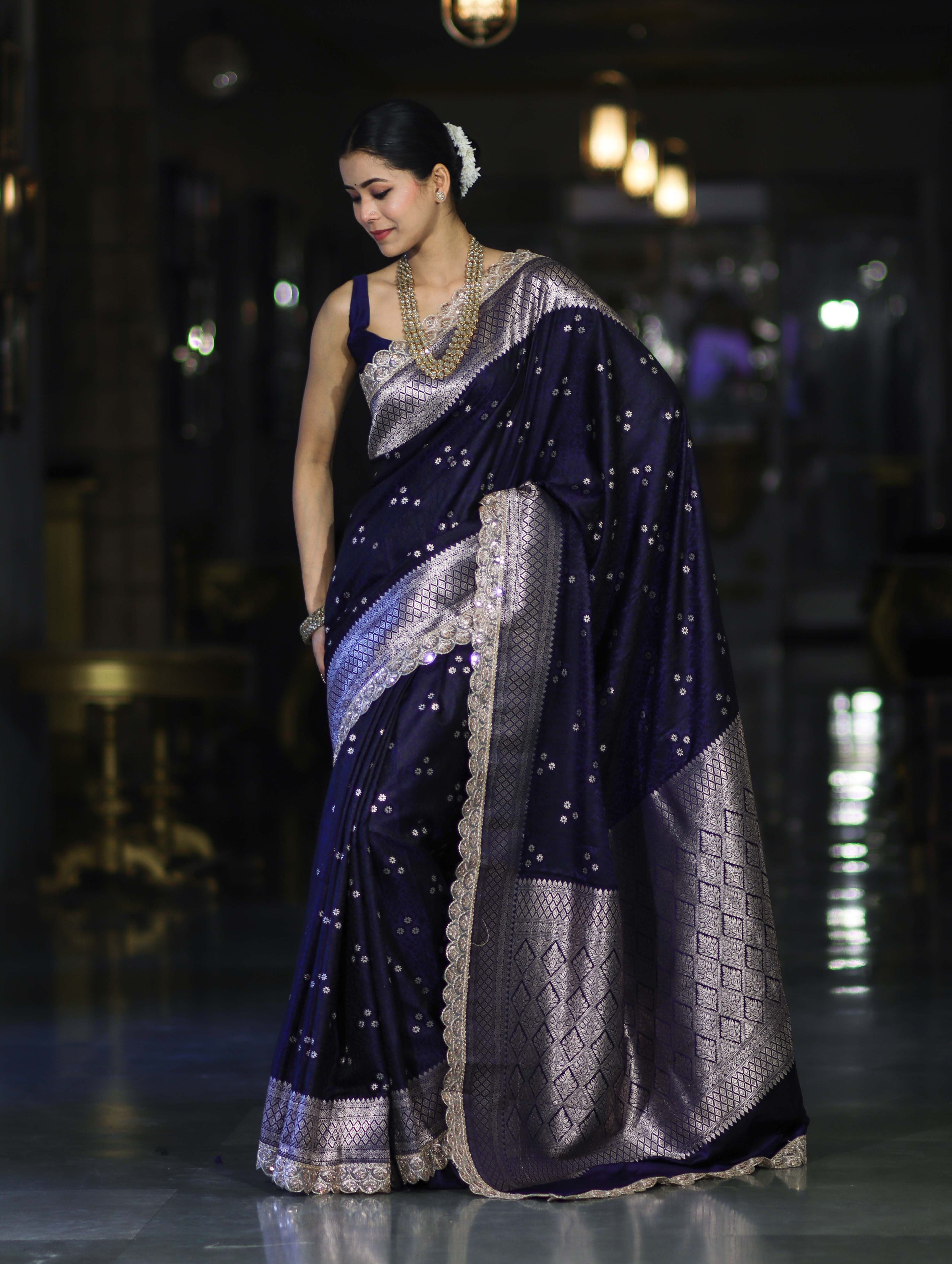 Banarasee Handloom Mashru Silk Saree With Tanchoi Work & Lace Border-Deep Blue