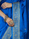 Banarasee Mashru Silk Saree With Zari Motifs & Floral Border-Blue