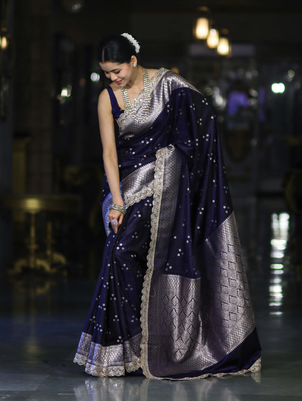 Banarasee Handloom Mashru Silk Saree With Tanchoi Work & Lace Border-Deep Blue