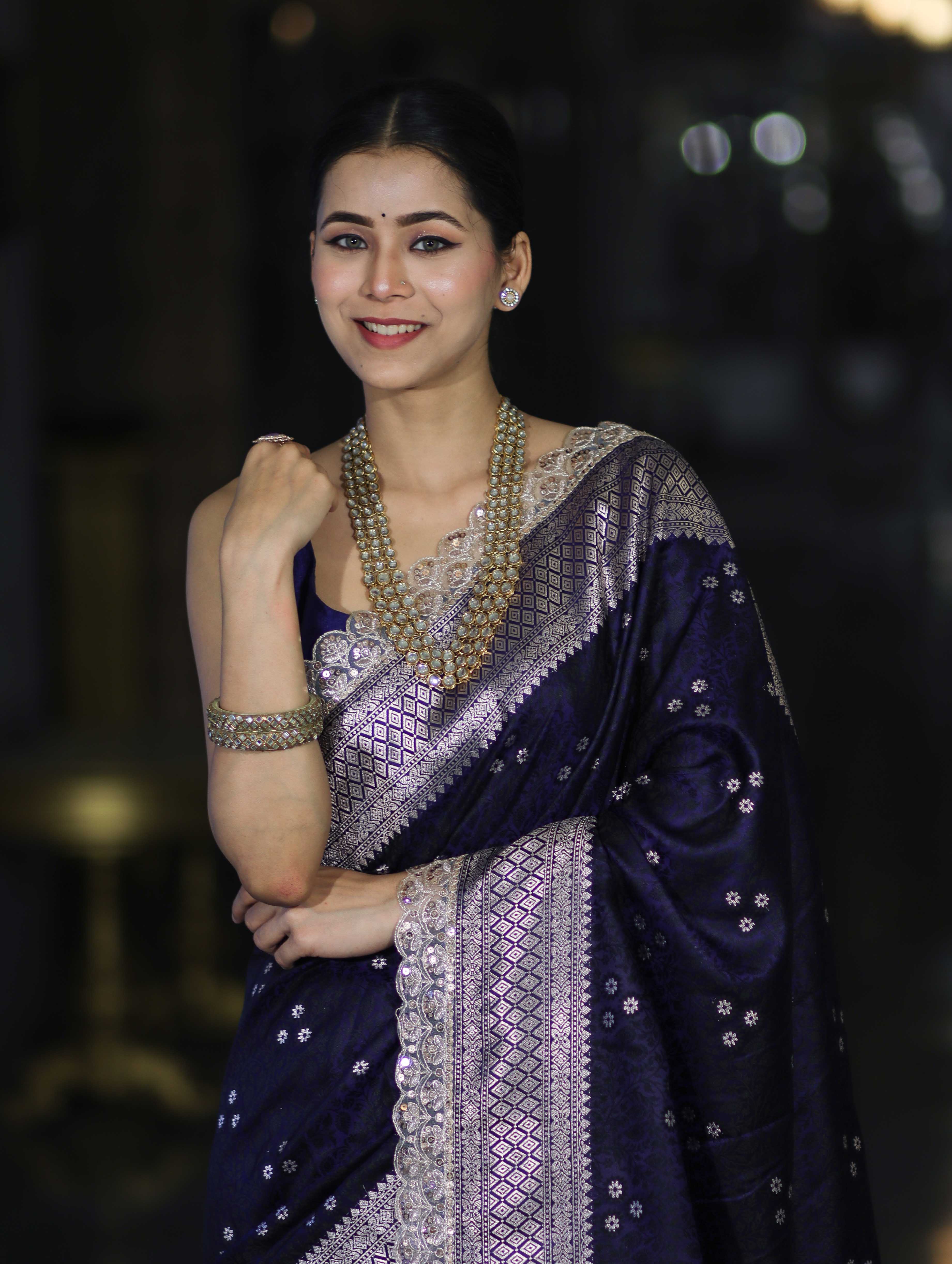 Banarasee Handloom Mashru Silk Saree With Tanchoi Work & Lace Border-Deep Blue