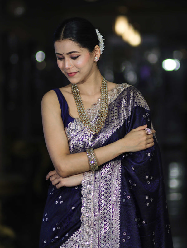 Banarasee Handloom Mashru Silk Saree With Tanchoi Work & Lace Border-Deep Blue