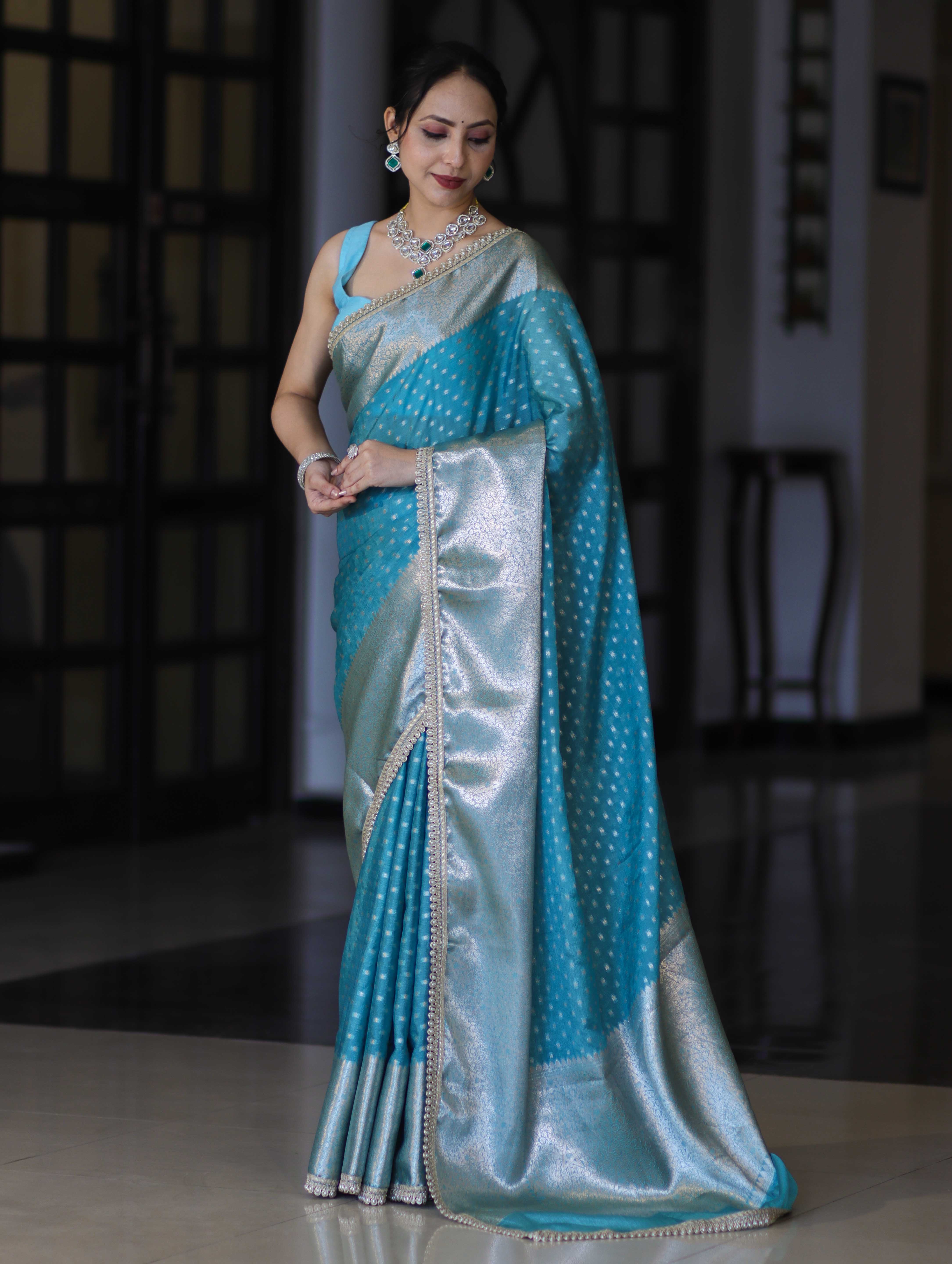 Banarasee Semi Chiffon Saree With Buti Design Broad Zari Border & Lace-Light Blue