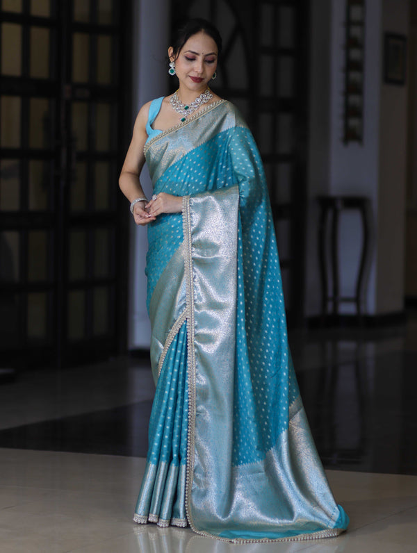 Banarasee Semi Chiffon Saree With Buti Design Broad Zari Border & Lace-Light Blue